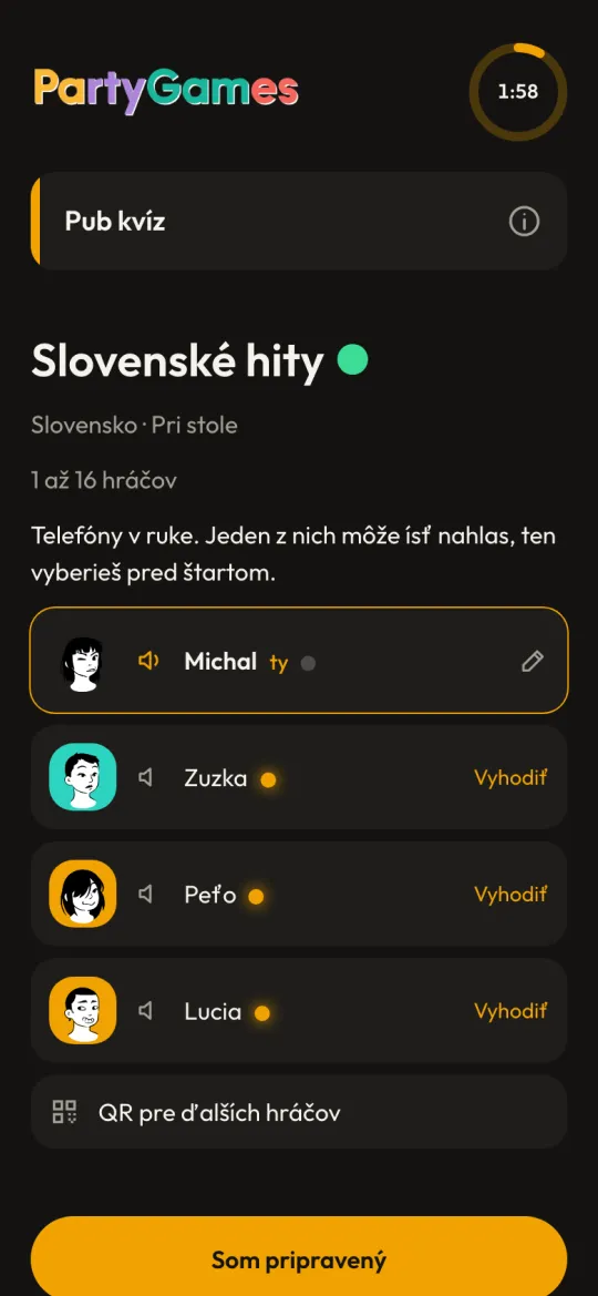 Čakáreň pub kvízu: hráči v miestnosti, telefón s reproduktorom a QR pre ďalších